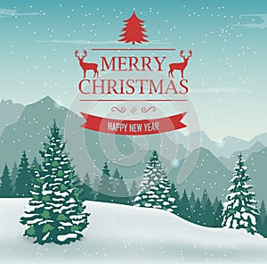 Merry Christmas and Happy New Year greeting card. Winter landscape with snow trees. Vector