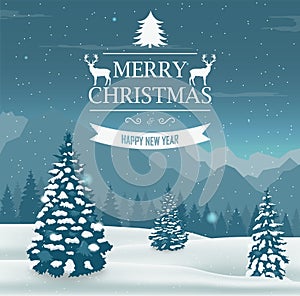 Merry Christmas and Happy New Year greeting card. Winter landscape with snow trees. Vector