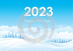 Merry Christmas and Happy New Year 2023. Greeting card with winter natural landscape against the background of the sky and the ris