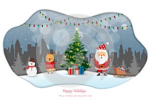 Merry Christmas and Happy new year greeting card,winter night landscape with Santa Claus and friends celebrate party on city