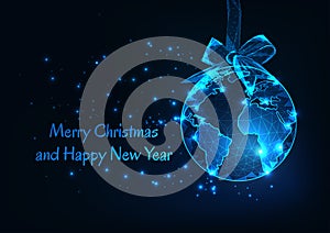 Merry Christmas and Happy New Year greeting card with world globe as a hanging ball and ribbon bow.