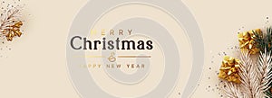 Merry Christmas, Happy New Year. Greeting card, Xmas banner, horizontal header for website, web poster. Realistic gift boxes, pine