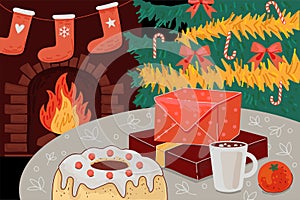 Merry Christmas and Happy New Year greeting card. Xmas cozy holiday eve. Comfort home interior. Fireplace, gift boxes