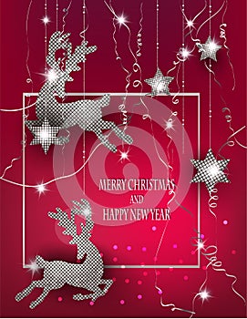 Merry christmas and happy new year greeting with reindeers with pattern, serpentine and stars.