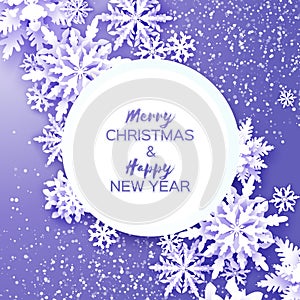 Merry Christmas and Happy New Year Greetings card. White Paper cut snowflakes. Origami Winter Decoration background