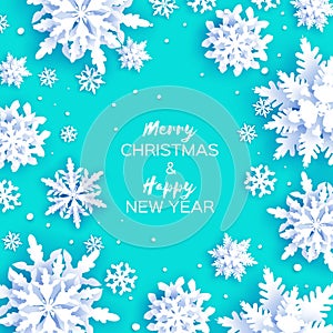 Merry Christmas and Happy New Year Greetings card. White Paper cut snowflakes. Origami Winter Decoration background