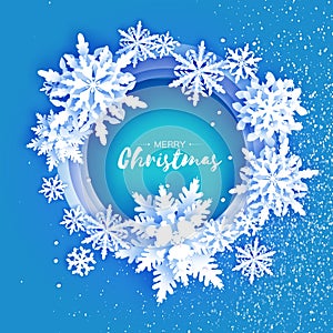 Merry Christmas and Happy New Year Greetings card. White Paper cut snowflakes. Origami Winter Decoration background