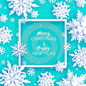 Merry Christmas and Happy New Year Greetings card. White Paper cut snowflakes. Origami Winter Decoration background