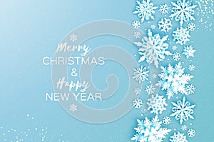 Merry Christmas and Happy New Year Greetings card. White Paper cut snowflakes. Origami Winter Decoration background