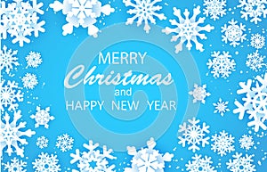 Merry Christmas Happy and New Year Greetings card. White snow flake. . Winter snowflakes background
