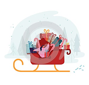 Merry Christmas and Happy New Year Greetings. Girl Santa Claus Helper Riding Reindeer Sledge with Huge Bag