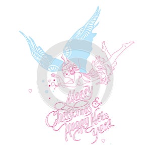 Merry Christmas and Happy New Year. Grey Angel with Hearts and Snowflakes. Handwritten Text. Vector