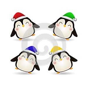 Merry Christmas and Happy new year Group of happy penguin wearing christmas hats santa claus with Christmas gifts isolated