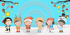 Merry Christmas and happy new year, group Kids With Christmas Costumes greeting card background, Template for advertising brochure