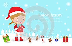 Merry Christmas and happy new year, group Kids With Christmas Costumes greeting card background, Template for advertising brochure