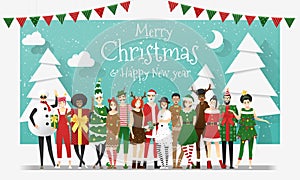 Merry Christmas and Happy New Year, group of teens in Christmas costume concept