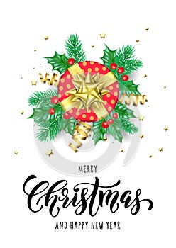 Merry Christmas and Happy New Year hand drawn quote calligraphy for holiday greeting card background template. Vector Christmas tr