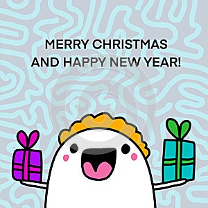 Merry christmas and happy new year hand drawn vector illustration in cartoon doodle style man happy holding presents