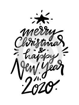 Merry Christmas and happy New Year hand drawn vector lettering. Isolated on white background.