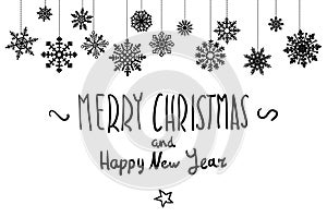 Merry Christmas and happy new year hand lettering isolated on white. snowflake Vector image.