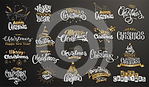Merry Christmas. Happy New Year. Handwritten modern brush lettering, Typography set photo