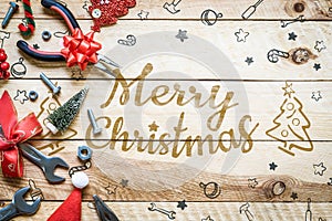 Merry Christmas and Happy new year handy tools gift background concept. Flat lay top view