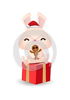 Merry Christmas and Happy new year, and happy bunny rabbit wearing christmas hats santa claus or cap winter with Christmas gift