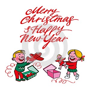 Merry Christmas and Happy New Year. Happy children take their Christmas gifts out of the boxes. Image for greeting card.