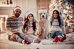 Family with dog on New Year`s Eve