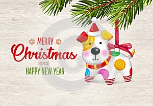 Merry Christmas and happy New Year. Happy small Dog. Christmas tree decoration. Dog is symbol of 2018 year on Chinese calendar. Ve