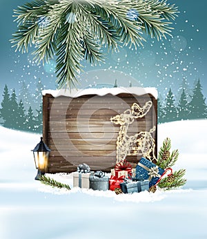 Merry Christmas and Happy New Year Holiday background with gift boxes, glowing deer and a wooden sign. Vector