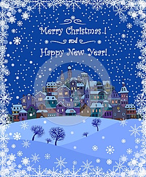 Merry Christmas and Happy New Year holiday background with inscription,urban landscape and snowfall. Merry Christmas vintage