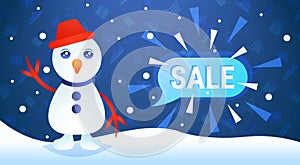 Merry christmas happy new year holiday big sale concept waving snowman character chat bubble special offer promotion