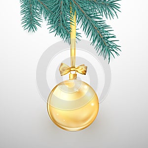 Merry Christmas and Happy New Year. Holiday decoration elements. Golden glitter Christmas ball with gold ribbon and bow