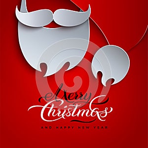 Merry christmas and happy new year holiday design for banner, greeting card. Red background, 3d paper cut hat, Santa Claus beard