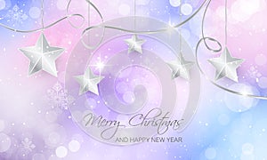 Merry Christmas and Happy New Year holiday greeting card with bokeh multicolor background and ribbon, stars, lights, snowflakes an