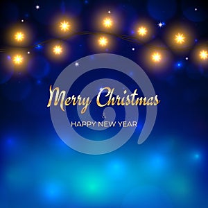 Merry Christmas and happy new year holiday greeting card. Golden christmas lights. Glowing xmas lights on blue background. Vector