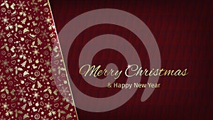 Merry Christmas and happy new year holiday greeting card, invitation. Xmas luxury graphic. Gold text on red background. Vector