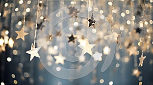 Merry Christmas and Happy new year,Holidays, birthday greeting card, frame, banner with Group of hanging Golden stars