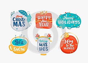 Merry Christmas and Happy New Year Icons Set, Holidays Season Greeting Labels Isolated on White Background Elements