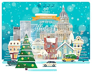 Merry Christmas and a Happy New Year in Illinois. Greeting festive card from the USA. Winter snowing city with cute cozy houses