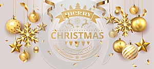 Merry Christmas and Happy New Year illustration. Beautiful gift card with golden balls on fir tree branches. Elegant