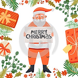 Merry Christmas and Happy New Year illustration. Funny happy Santa Claus character with table and lettering.