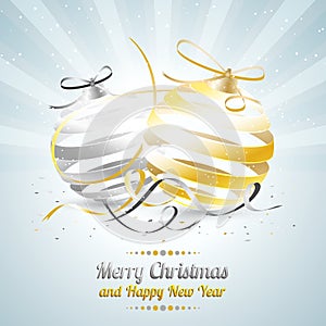 Merry Christmas and Happy New Year illustration with gold and silver baubles, bow, ribbon and confetti.
