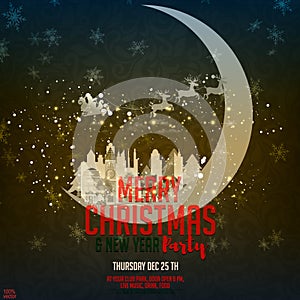 Merry Christmas and Happy New Year. Illustration with the moon and medieval city and Santa Claus on the glitter night sky