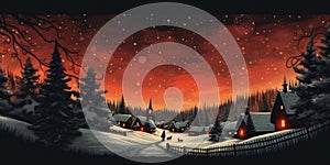 Merry Christmas and a happy new year. Illustration of night winter village landscape. Frosty tree with red christmas
