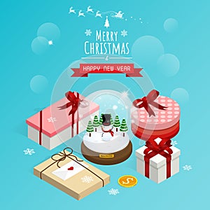 merry christmas and happy new year,isometric christmas snow globe gift boxes vector