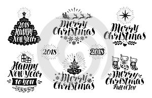 Merry Christmas and Happy New Year, label set. Xmas, holiday icon or logo. Lettering, typographic design vector