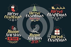 Merry Christmas and Happy New Year, label set. Xmas icons or logos. Lettering vector illustration