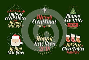 Merry Christmas, Happy New Year, label set. Xmas, yuletide, holiday icon or logo. Lettering, calligraphy vector